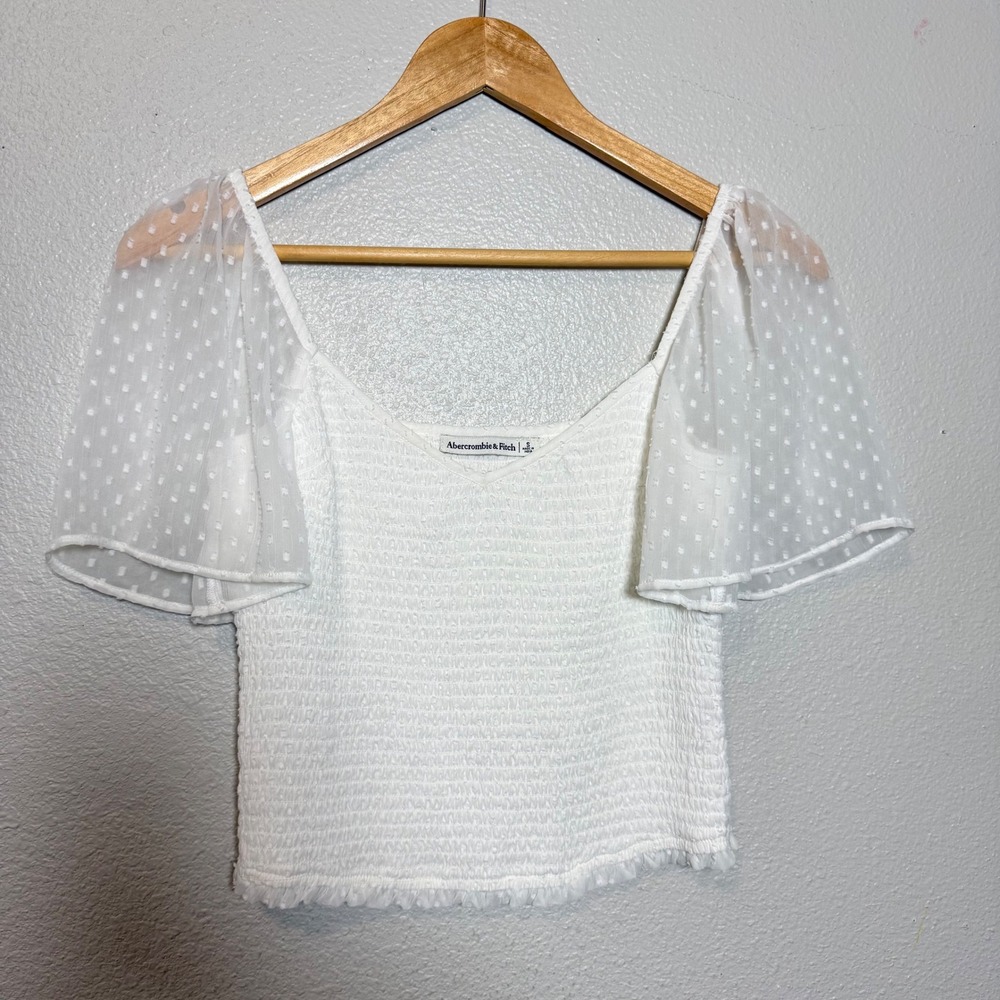 Abercrombie Fitch White Smocked Square Neck Puff Sleeve Mesh‎ Top Size S - Picture 6 of 6